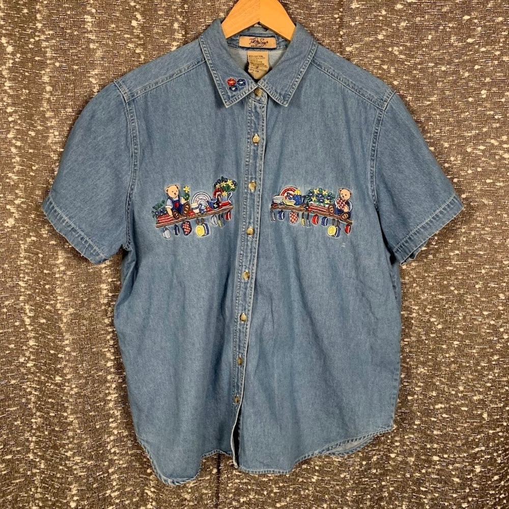 Vintage Just My Size Blue Denim Shirt Bear Embroidered Cottage Women's 14W/16W